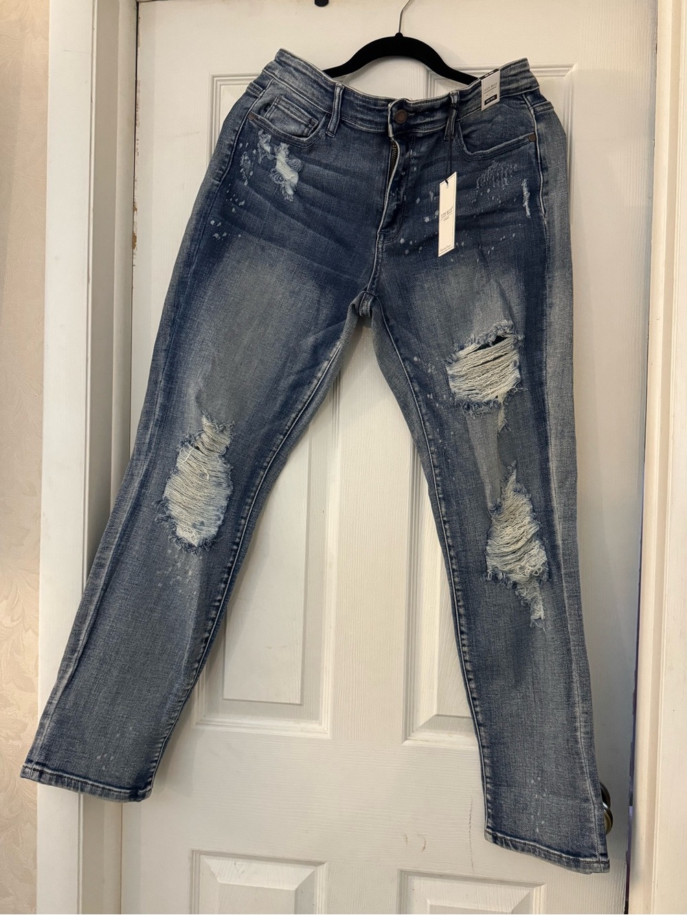 NWT Judy Blue Mid Rise Distressed Bleach Splatter Boyfriend Jeans 13/31